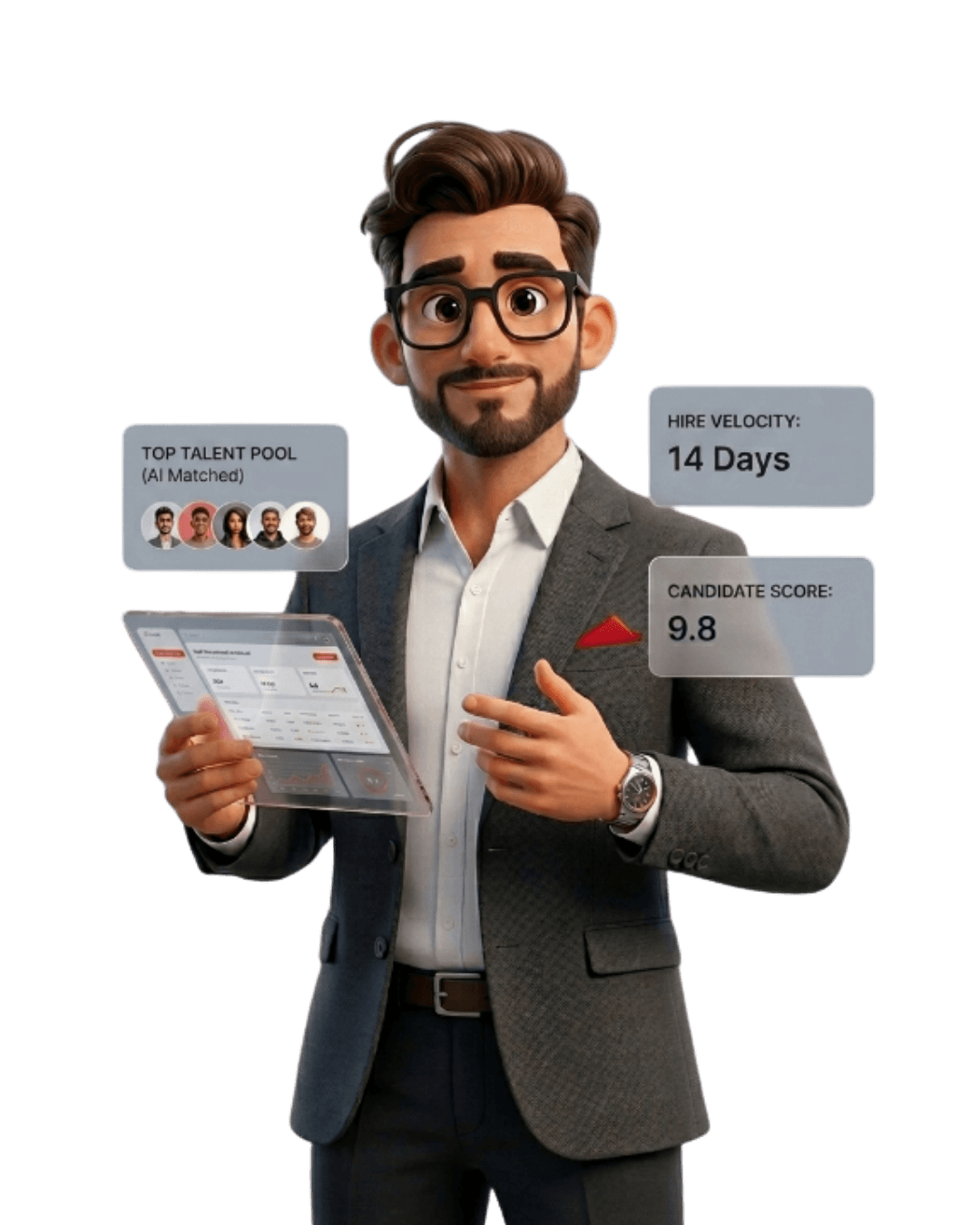 Employer using AI recruitment software to screen candidates and manage hiring, featuring a tablet dashboard with an AI talent pool, hire velocity metrics, and candidate score cards.